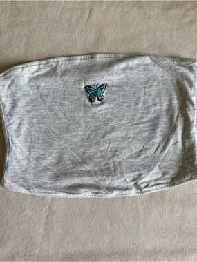 Bluenotes Light Gray Tube Crop Top with Teal Butterfly Embroidery